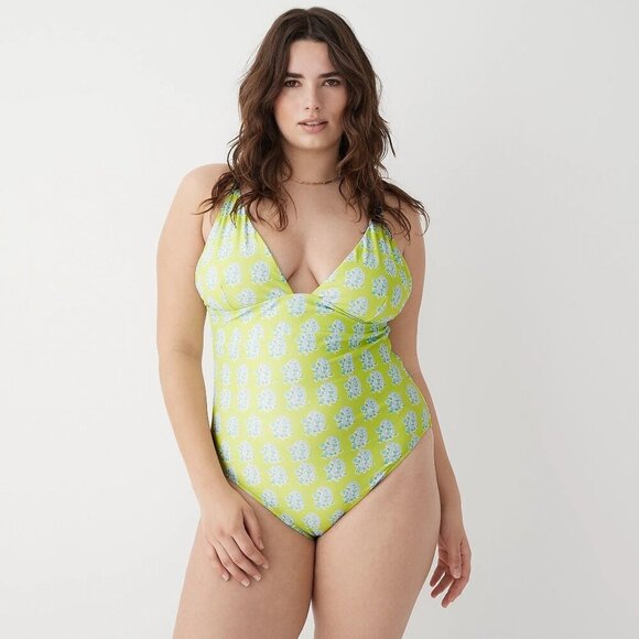 NWT J.Crew Green Paisley Plunge One-Piece Swimsuit 10 - Picture 1 of 13